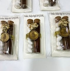 Çift Tüp Şişe Kahveli Şekerli Gold Mühürlü  25 Adet Söz - Nişan - Nikah Şekeri Konsept Hediyelik