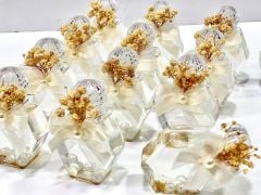 Altıgen Şişe Plastik Saray Kapaklı 40cc Kolonya İncili Simli Krem Süslü Söz - Nişan - Nikah Şekeri