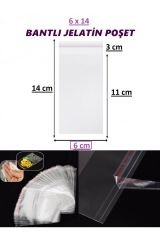 Bantlı Şeffaf Jelatin Poşet 6 x 14 cm Yapışkanlı Poşet 100 Adet