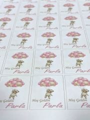 Yapışkanlı Isim Etiketi Uçan Balonlu Ayıcık Pembe 3,5 X 4.5 Cm 30 Adet Bebek Isim Etiketi