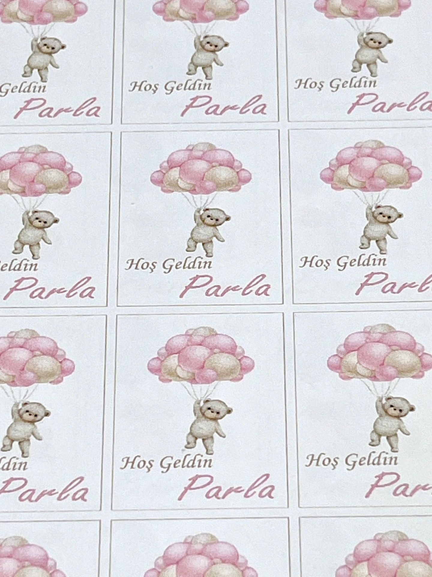 Yapışkanlı Isim Etiketi Uçan Balonlu Ayıcık Pembe 3,5 X 4.5 Cm 30 Adet Bebek Isim Etiketi