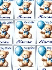 Yapışkanlı Isim Etiketi Mavi Balonlu ve Papyonlu Ayıcık 3,5 X 4.5 Cm 30 Adet Bebek Isim Etiketi