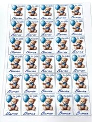 Yapışkanlı Isim Etiketi Mavi Balonlu ve Papyonlu Ayıcık 3,5 X 4.5 Cm 30 Adet Bebek Isim Etiketi