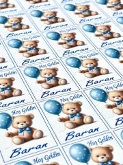 Yapışkanlı Isim Etiketi Mavi Balonlu ve Papyonlu Ayıcık 3,5 X 4.5 Cm 30 Adet Bebek Isim Etiketi