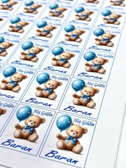 Yapışkanlı Isim Etiketi Mavi Balonlu ve Papyonlu Ayıcık 3,5 X 4.5 Cm 30 Adet Bebek Isim Etiketi