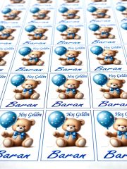 Yapışkanlı Isim Etiketi Mavi Balonlu ve Papyonlu Ayıcık 3,5 X 4.5 Cm 30 Adet Bebek Isim Etiketi