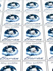 Yapışkanlı Isim Etiketi Bulut ve Ay Uyuyan Ayıcık Mavi 3,5 X 4.5 Cm 30 Adet Bebek Isim Etiketi