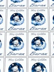 Yapışkanlı Isim Etiketi Bulut ve Ay Uyuyan Ayıcık Mavi 3,5 X 4.5 Cm 30 Adet Bebek Isim Etiketi
