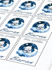 Yapışkanlı Isim Etiketi Bulut ve Ay Uyuyan Ayıcık Mavi 3,5 X 4.5 Cm 30 Adet Bebek Isim Etiketi