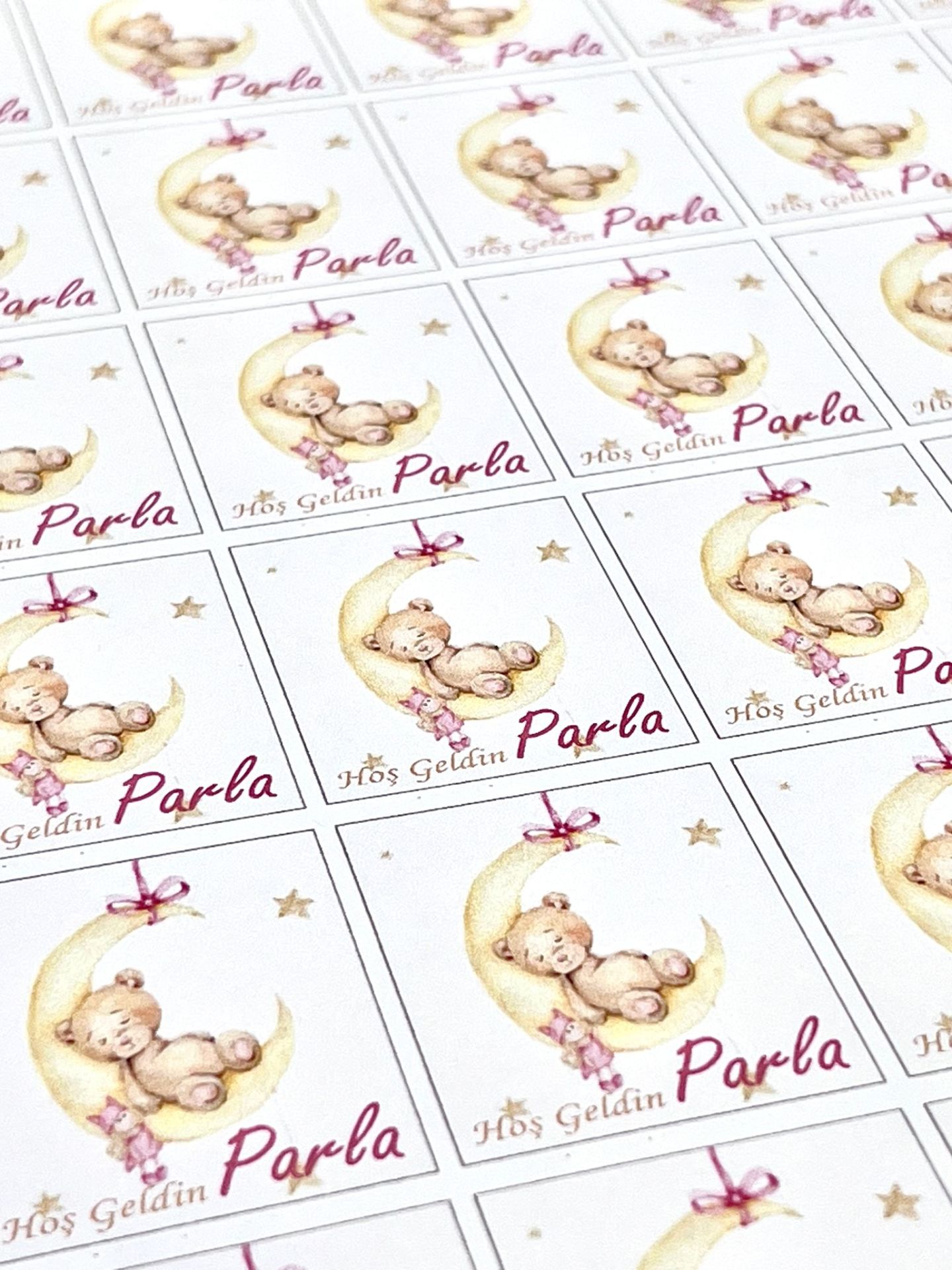 Yapışkanlı Isim Etiketi Ay ve Uyuyan Ayıcık Pembe 3,5 X 4.5 Cm 30 Adet Bebek Isim Etiketi