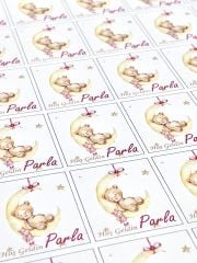 Yapışkanlı Isim Etiketi Ay ve Uyuyan Ayıcık Pembe 3,5 X 4.5 Cm 30 Adet Bebek Isim Etiketi