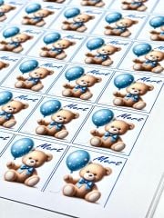 Yapışkanlı Kare Isim Etiketi Mavi Balonlu Ayıcık 50 Adet Bebek Etiketi 3 x 3 Cm