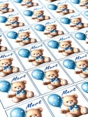 Yapışkanlı Kare Isim Etiketi Mavi Balonlu Ayıcık 50 Adet Bebek Etiketi 3 x 3 Cm
