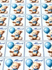 Yapışkanlı Kare Isim Etiketi Mavi Balonlu Ayıcık 50 Adet Bebek Etiketi 3 x 3 Cm