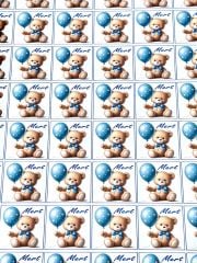 Yapışkanlı Kare Isim Etiketi Mavi Balonlu Ayıcık 50 Adet Bebek Etiketi 3 x 3 Cm
