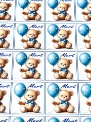 Yapışkanlı Kare Isim Etiketi Mavi Balonlu Ayıcık 50 Adet Bebek Etiketi 3 x 3 Cm