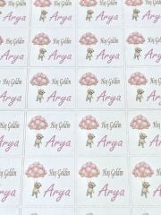 Yapışkanlı Kare Isim Etiketi Uçan Balonlu Ayıcık Pembe 50 Adet Bebek Etiketi 3 X 3 Cm