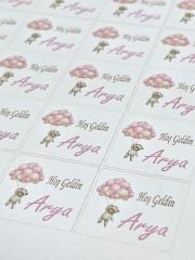 Yapışkanlı Kare Isim Etiketi Uçan Balonlu Ayıcık Pembe 50 Adet Bebek Etiketi 3 X 3 Cm