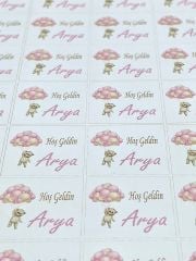 Yapışkanlı Kare Isim Etiketi Uçan Balonlu Ayıcık Pembe 50 Adet Bebek Etiketi 3 X 3 Cm